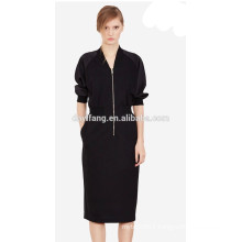 women 3/4 sleeve dress chiffon elegant loose black dress with zipper